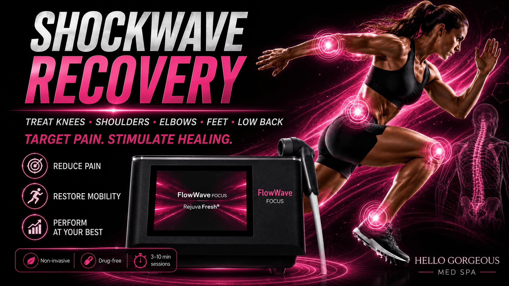 FlowWave FOCUS shockwave recovery — treat knees, shoulders, elbows, feet, and low back