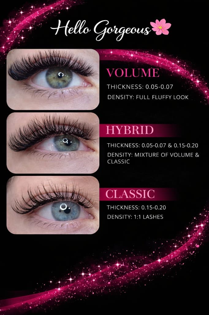 Volume, hybrid, and classic eyelash extension styles — Hello Gorgeous Lash Bar Oswego IL