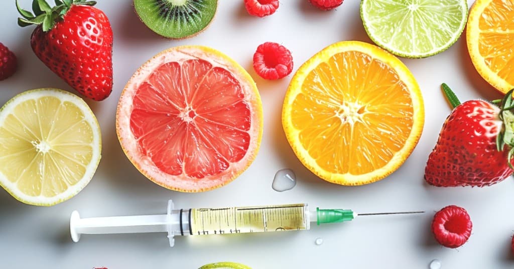 Vitamin injections and wellness shots — clinical syringe with fresh fruit wellness imagery at Hello Gorgeous Med Spa Oswego IL