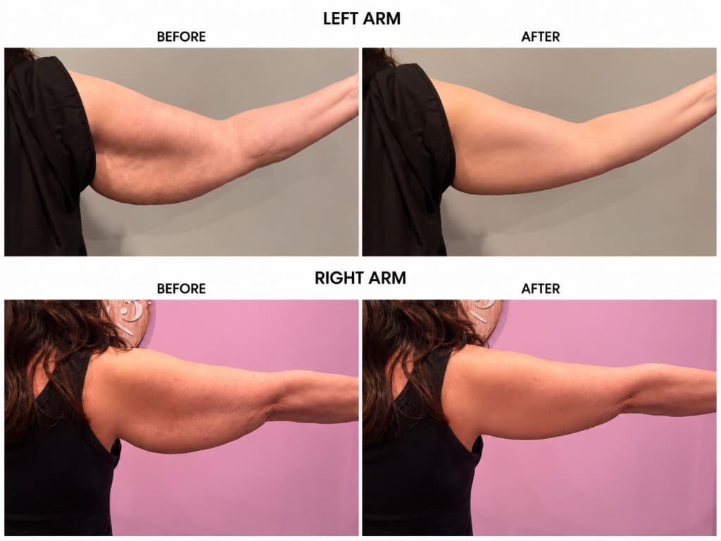Quantum 10 before and after upper arm skin tightening left arm and right arm — Hello Gorgeous Med Spa Oswego IL