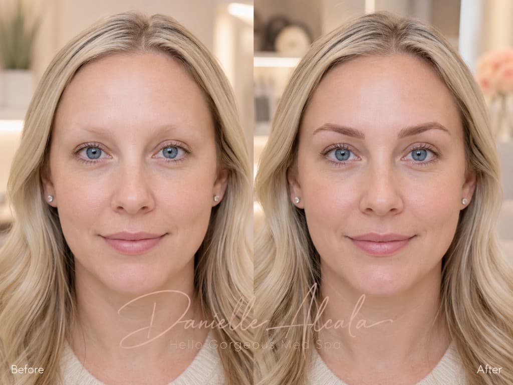 Combo hybrid brows before and after by Danielle Alcala at Hello Gorgeous Med Spa Oswego IL