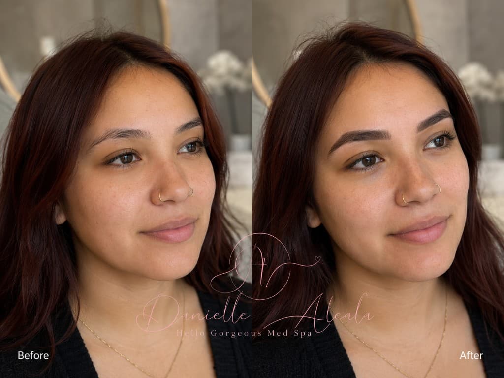 Combo ombré brows before and after permanent makeup by Danielle Alcala Hello Gorgeous Med Spa Oswego IL