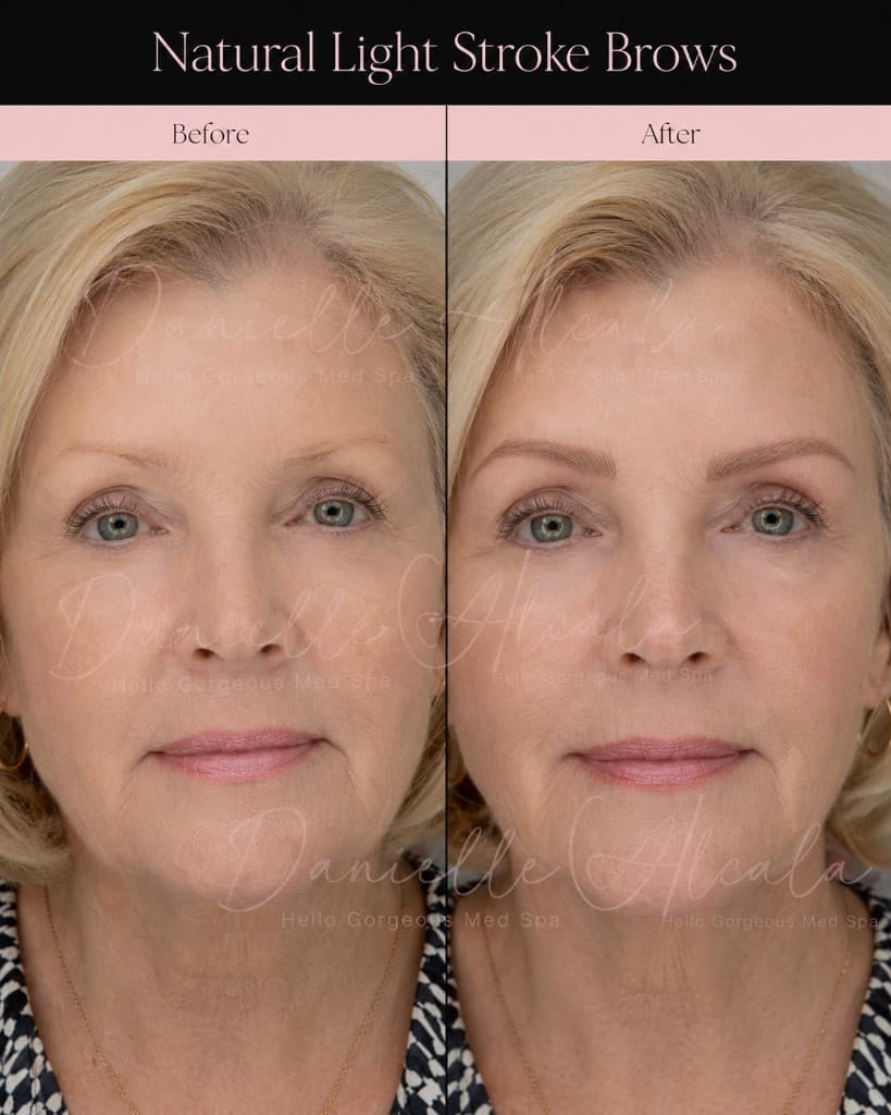 Natural light stroke brows vertical before and after microblading by Danielle Alcala Hello Gorgeous Med Spa Oswego IL
