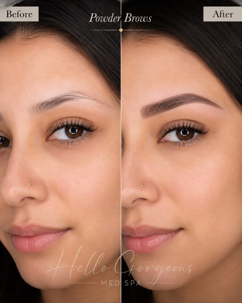 Powder brows before and after permanent makeup comparison — Hello Gorgeous Med Spa Oswego IL