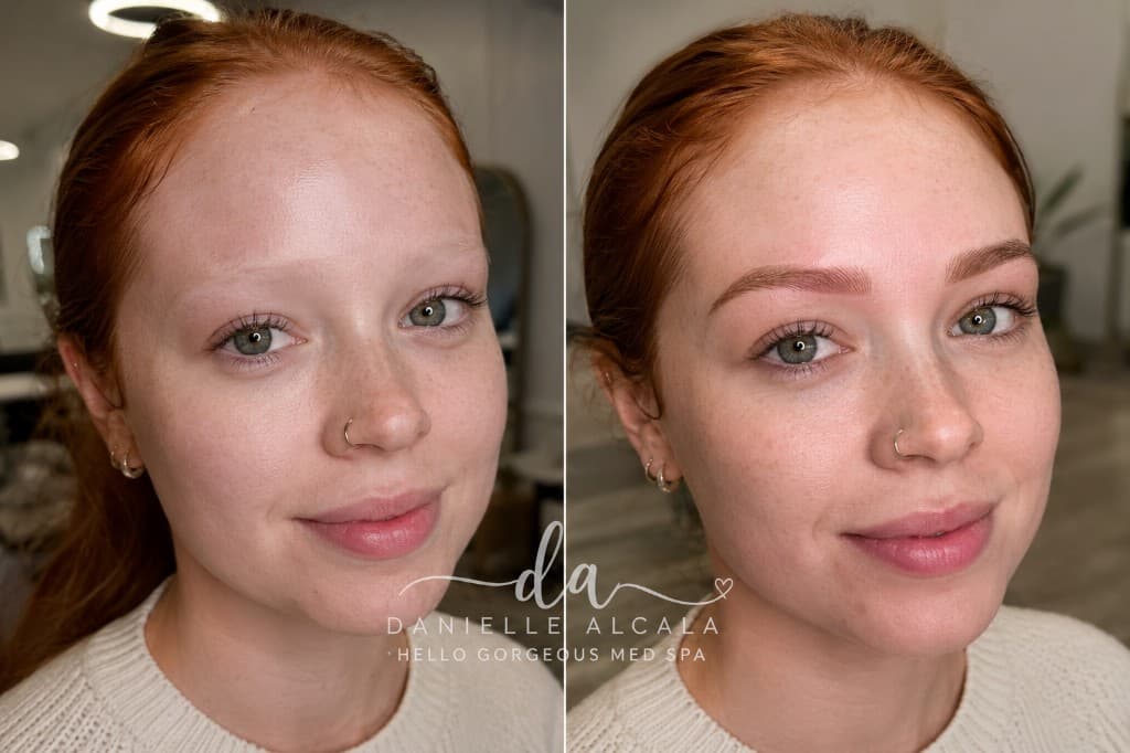Powder and nano brow PMU before and after by Danielle Alcala at Hello Gorgeous Med Spa Oswego IL