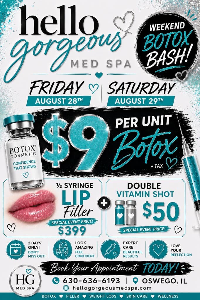 Weekend Botox Bash flyer — $9 per unit Botox, Friday August 28 and Saturday August 29
