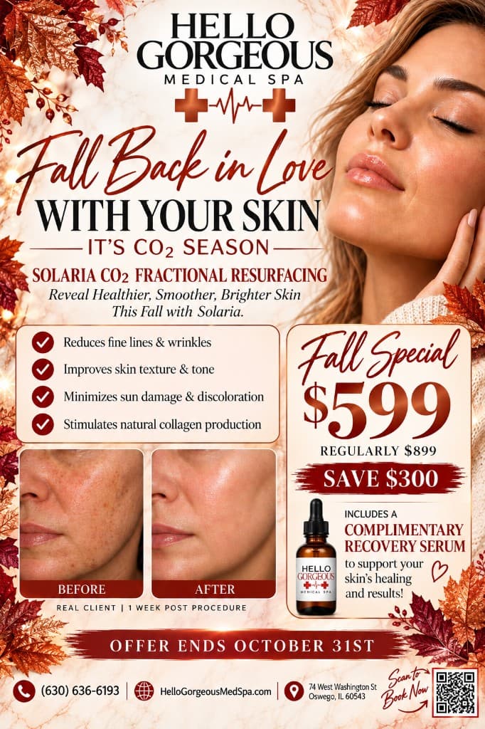 Solaria CO2 fall special, $599 through October 31, complimentary recovery serum. Consult required. Results vary.