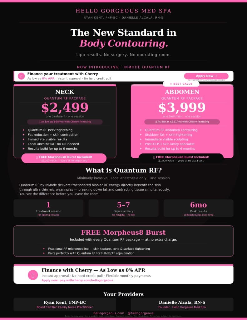 Hello Gorgeous Med Spa Quantum RF body contouring packages — neck $2,499, abdomen $3,999, FREE Morpheus8 Burst — Oswego IL