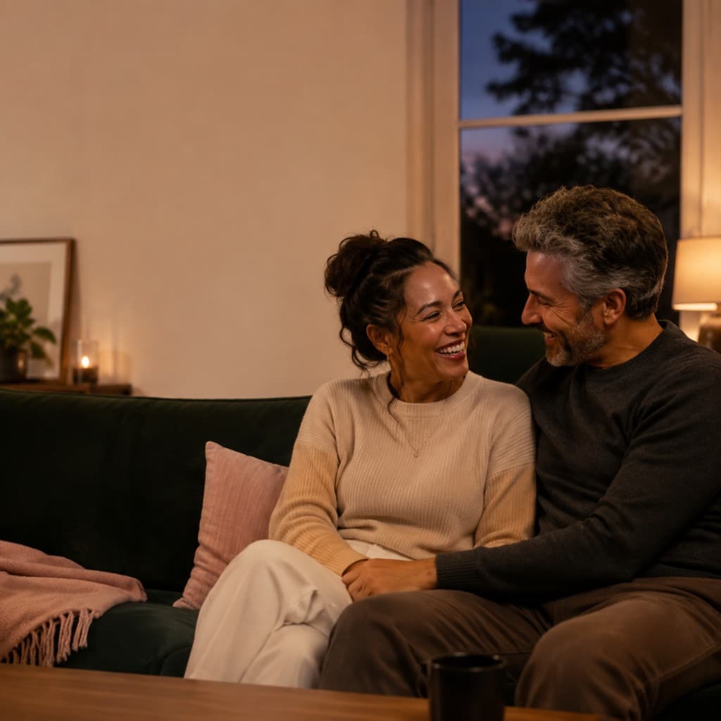 A couple sitting together on a couch at home