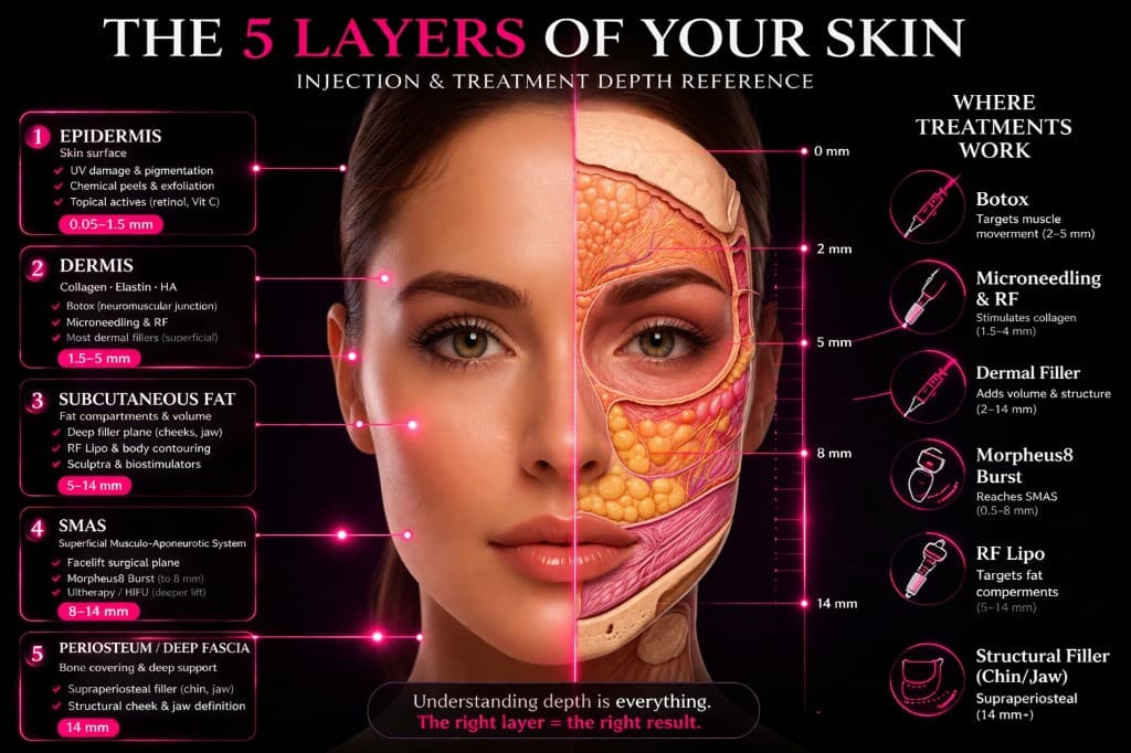 Infographic of the five skin layers with millimeter depths: epidermis through periosteum, and where Botox, microneedling and RF, dermal filler, Morpheus8 Burst, RF lipo, and structural filler are placed.