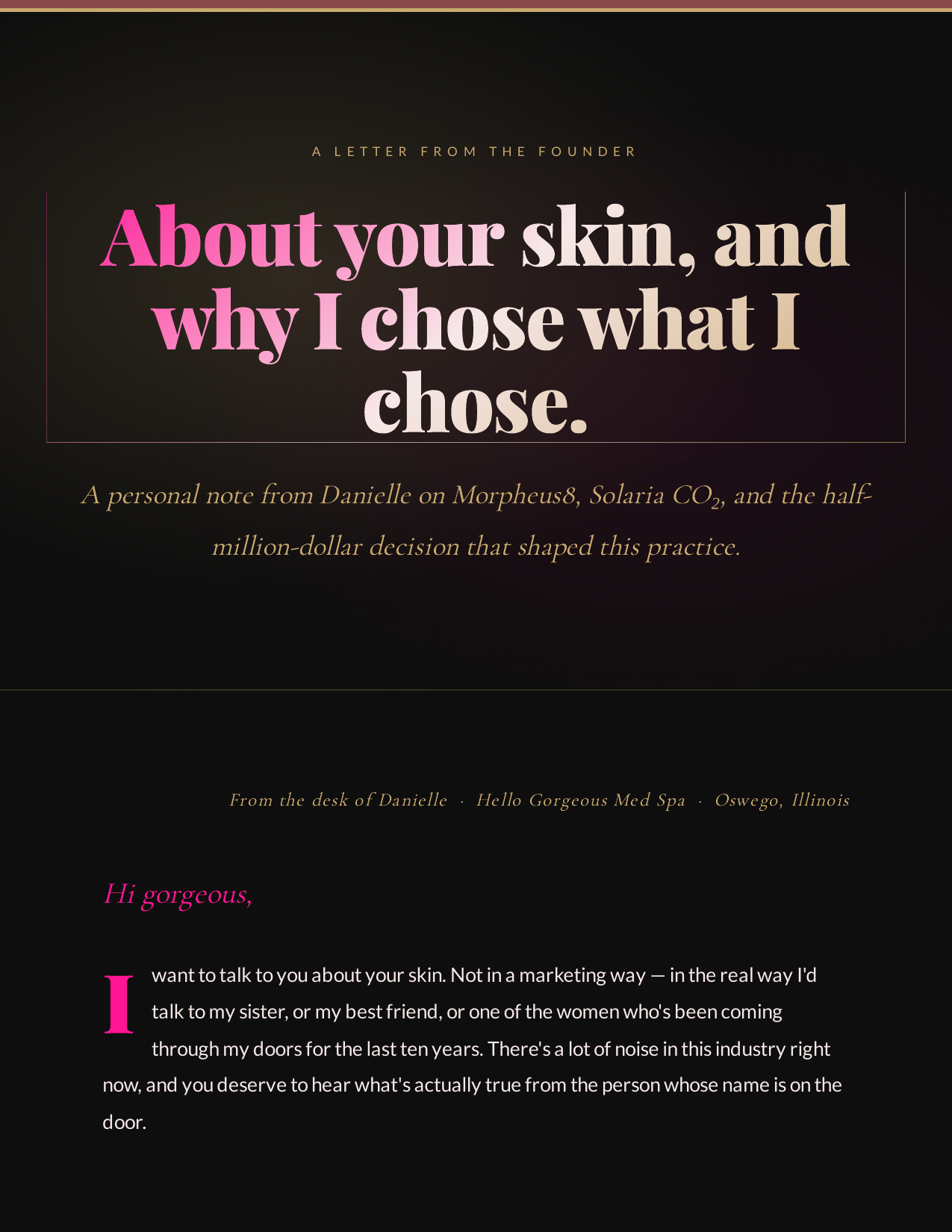 Letter from the founder — Morpheus8 Burst and Solaria CO₂ at Hello Gorgeous Med Spa Oswego IL